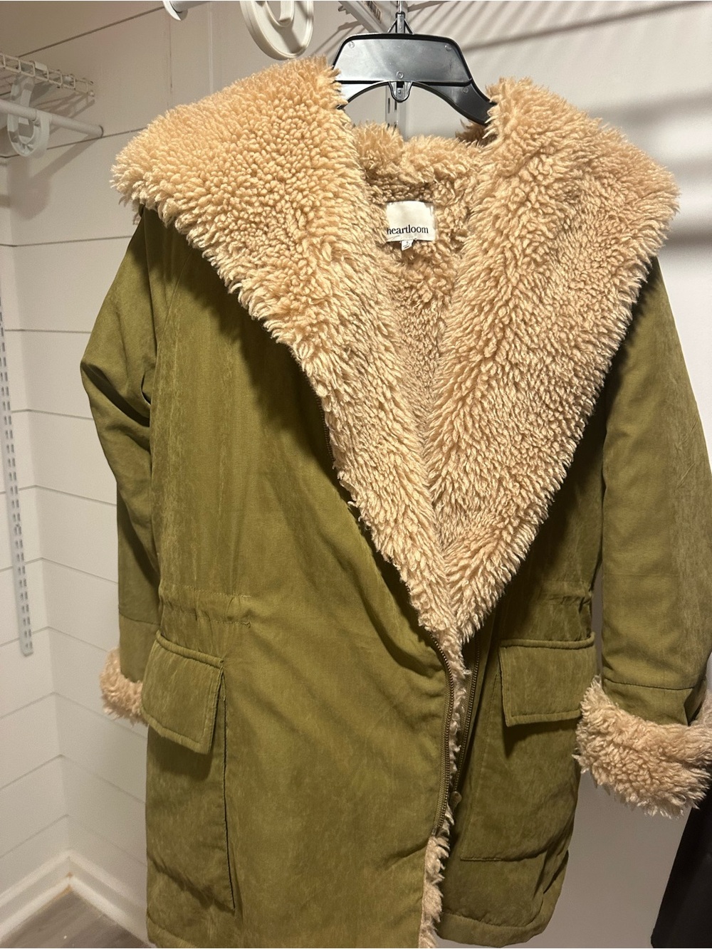 Heartloom Olive Green Coat with Tan Sherpa Lining